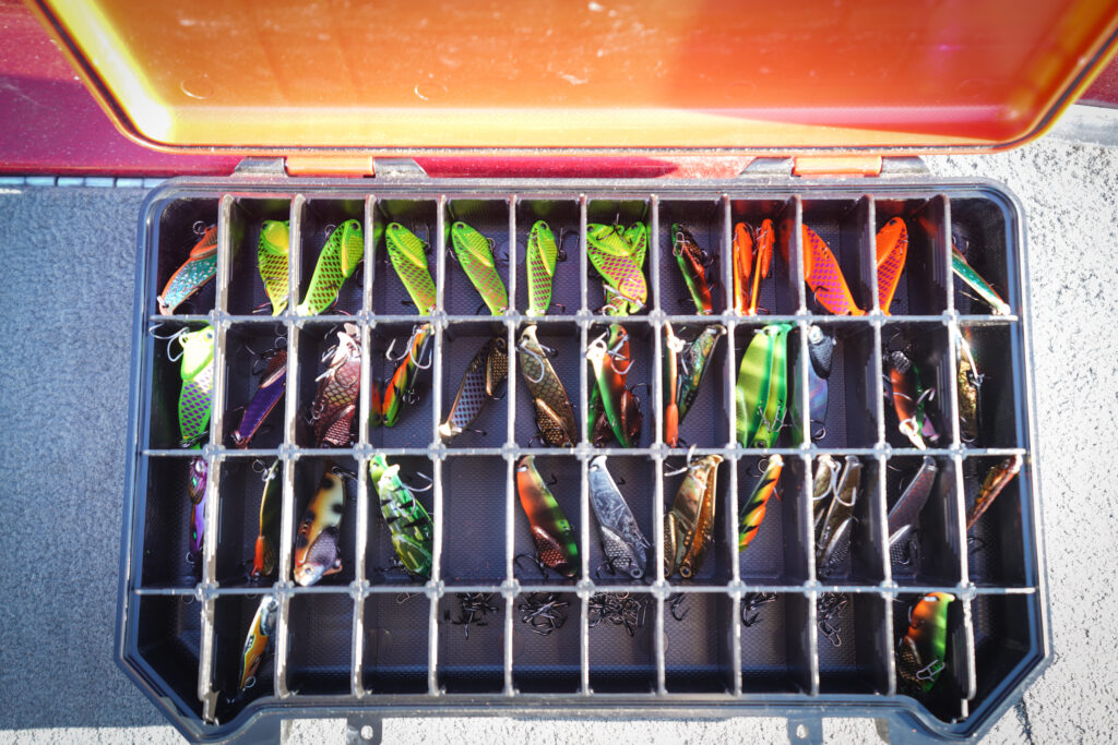 Blade baits in a tackle box
