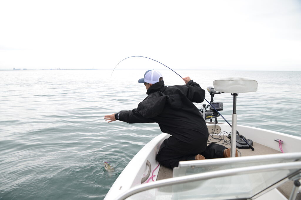 Angler landing a bass at the boat